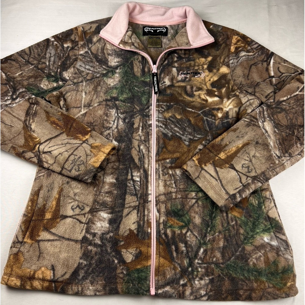 Realtree Xtra Camo Fleece Jacket Pink Trim Full Zip Outdoors Hunting Womens M